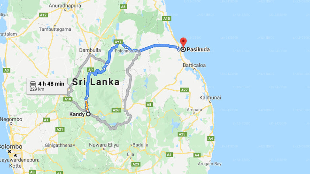 Kandy City to Pasikuda City Private Transfer