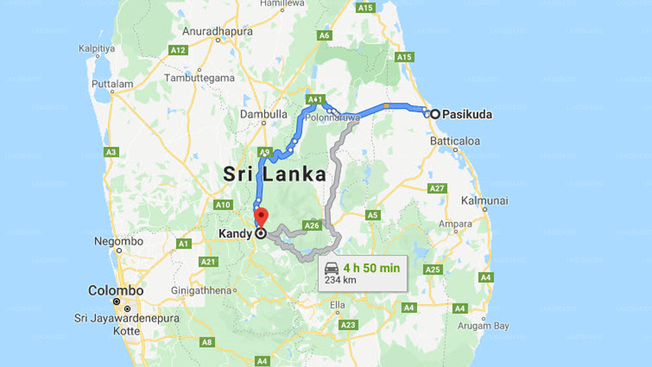 Pasikuda City to Kandy City Private Transfer