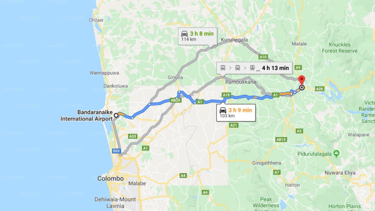 Transfer between Colombo (CMB) Airport and Mahaweli Reach Hotel, Kandy