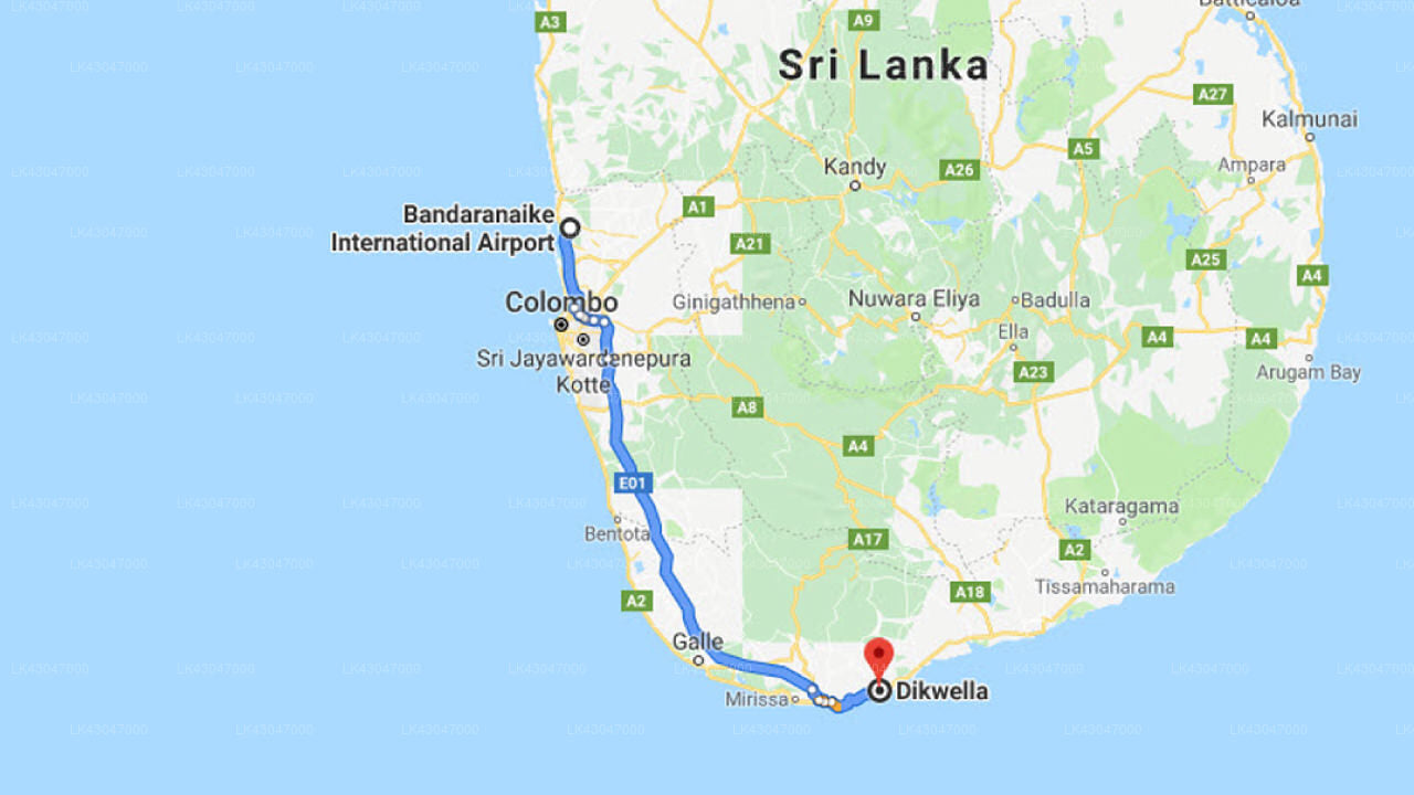 Transfer between Colombo Airport (CMB) and Dikwella Resort & Spa, Dikwella