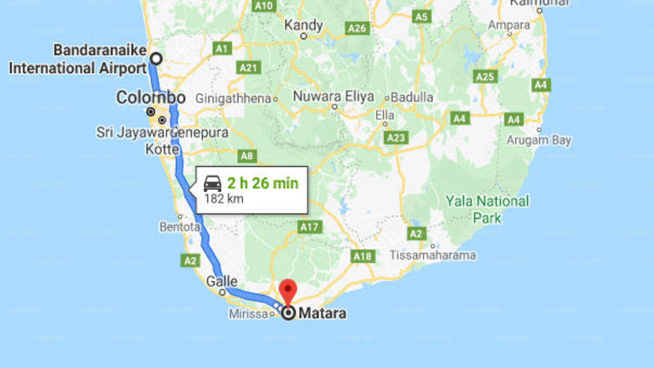 Transfer between Colombo Airport (CMB) and Talalla Retreat, Matara