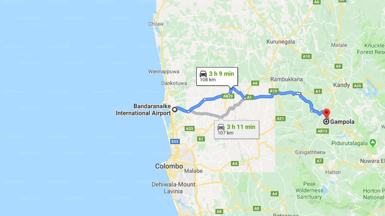 Transfer between Colombo Airport (CMB) and Sama Uyana Holiday Bungalow, Gampola