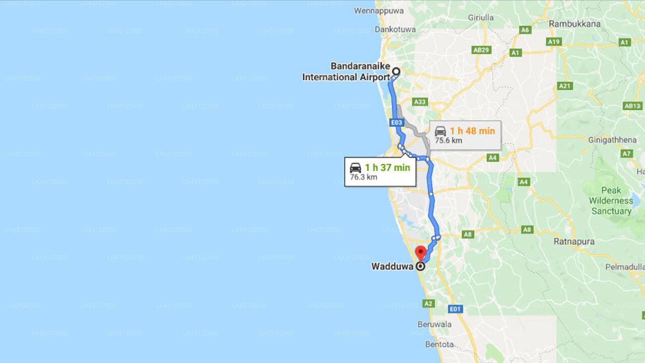 Transfer between Colombo Airport (CMB) and Laya Beach, Wadduwa