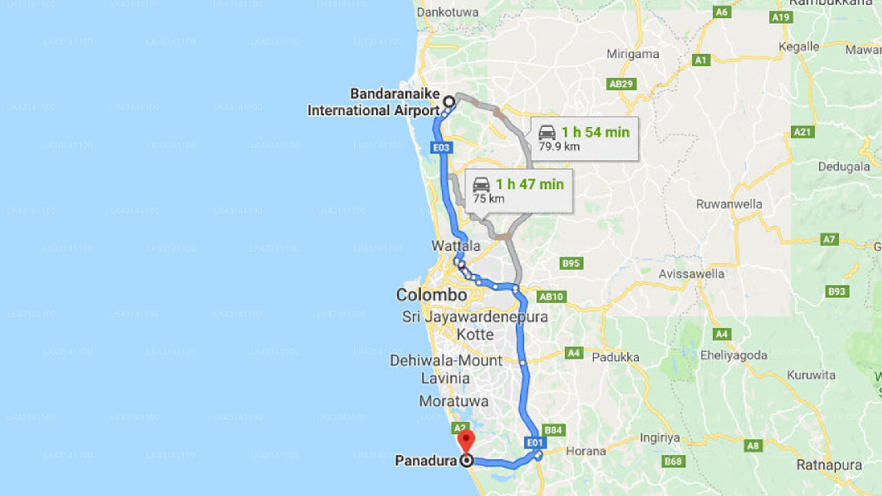 Transfer between Colombo Airport (CMB) and Neth Piyasa, Panadura