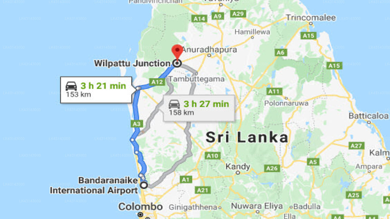 Transfer between Colombo Airport (CMB) and Park View Bungalow, Wilpattu