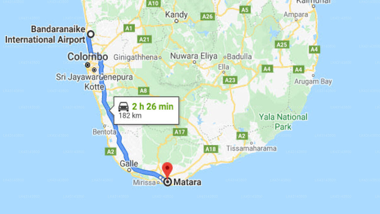 Transfer between Colombo Airport (CMB) and Lavender Lyrics Guest, Matara