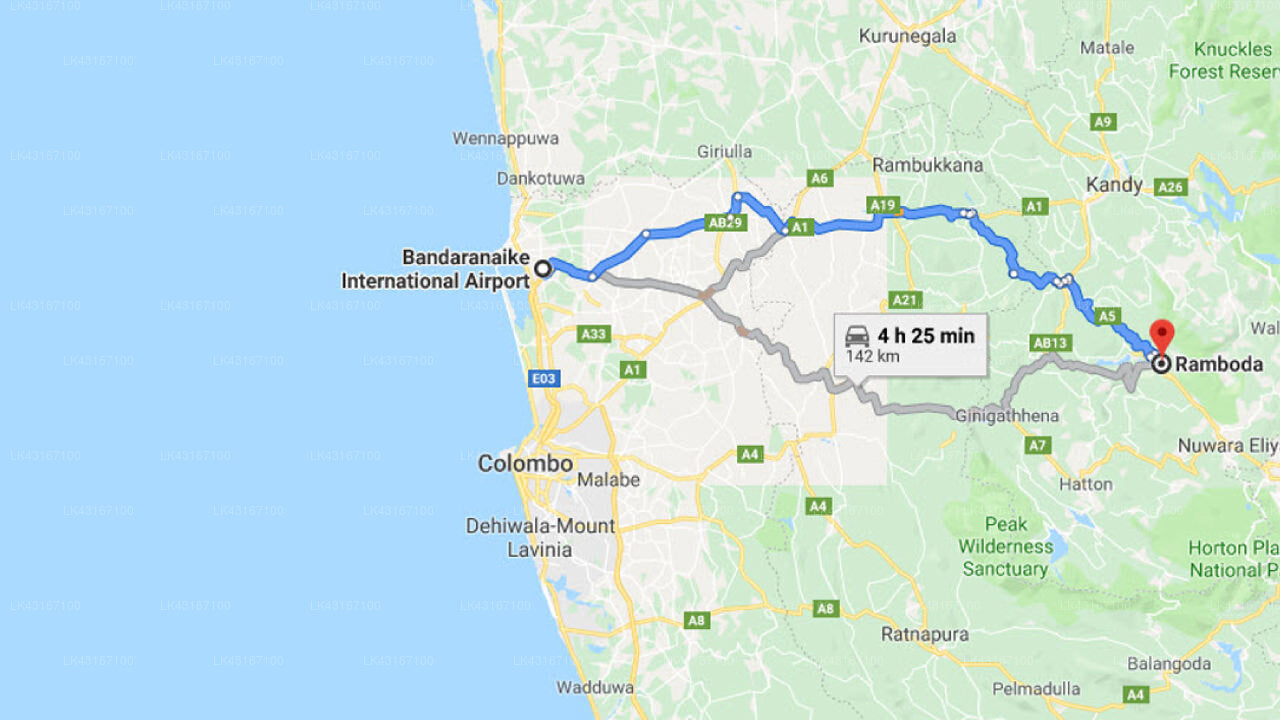 Transfer between Colombo Airport (CMB) and Ramboda Falls Hotel, Ramboda