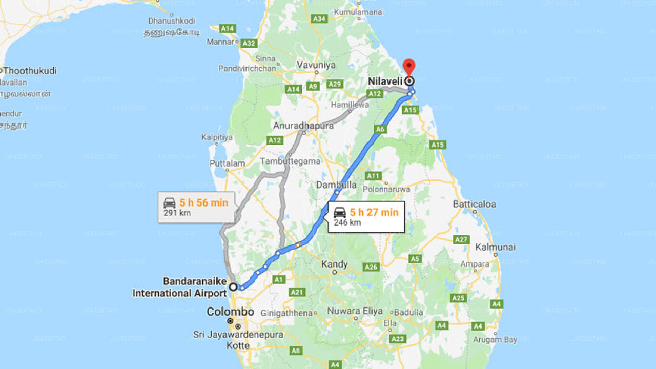 Transfer between Colombo Airport (CMB) and Nagenahira Beach Villa, Nilaveli