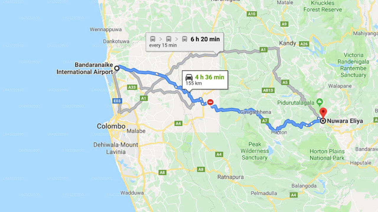 Transfer between Colombo Airport (CMB) and Hotels Jojos, Nuwara Eliya